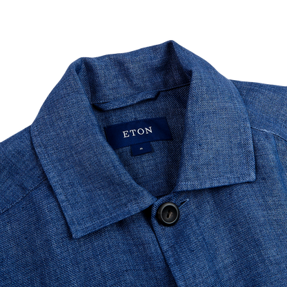 Eton Blue Linen Twill Overshirt Collar