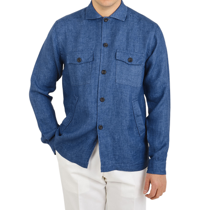 Eton Blue Linen Twill Overshirt Front