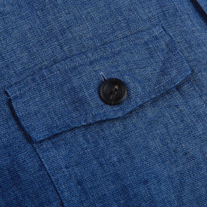 Eton Blue Linen Twill Overshirt Pocket
