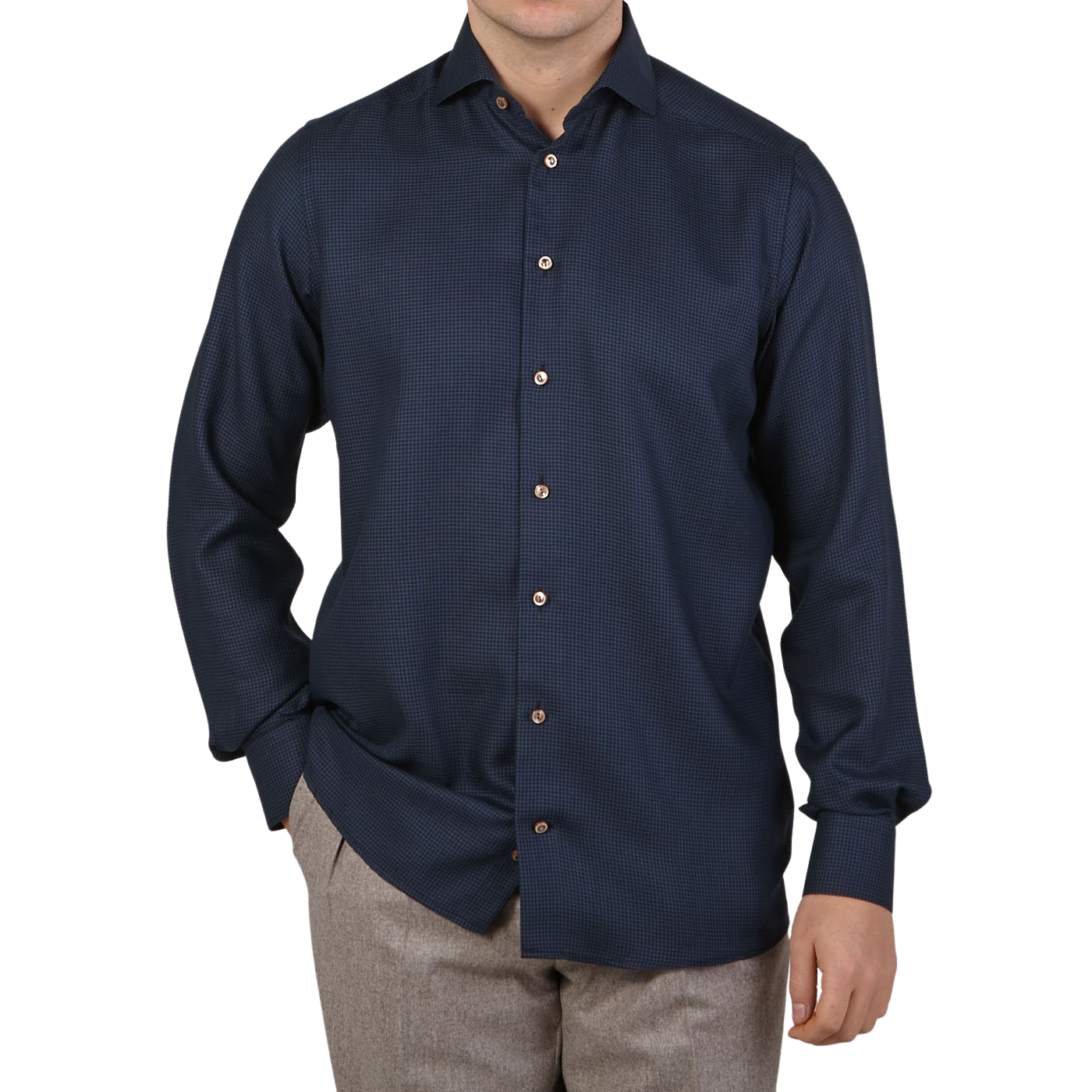 Eton Blue Puppystooth Merino Wool Contemporary Shirt Front