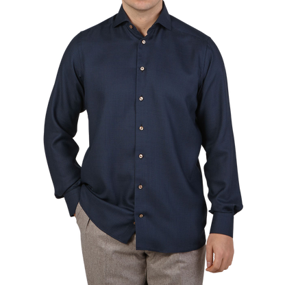 Eton Blue Puppystooth Merino Wool Contemporary Shirt Front
