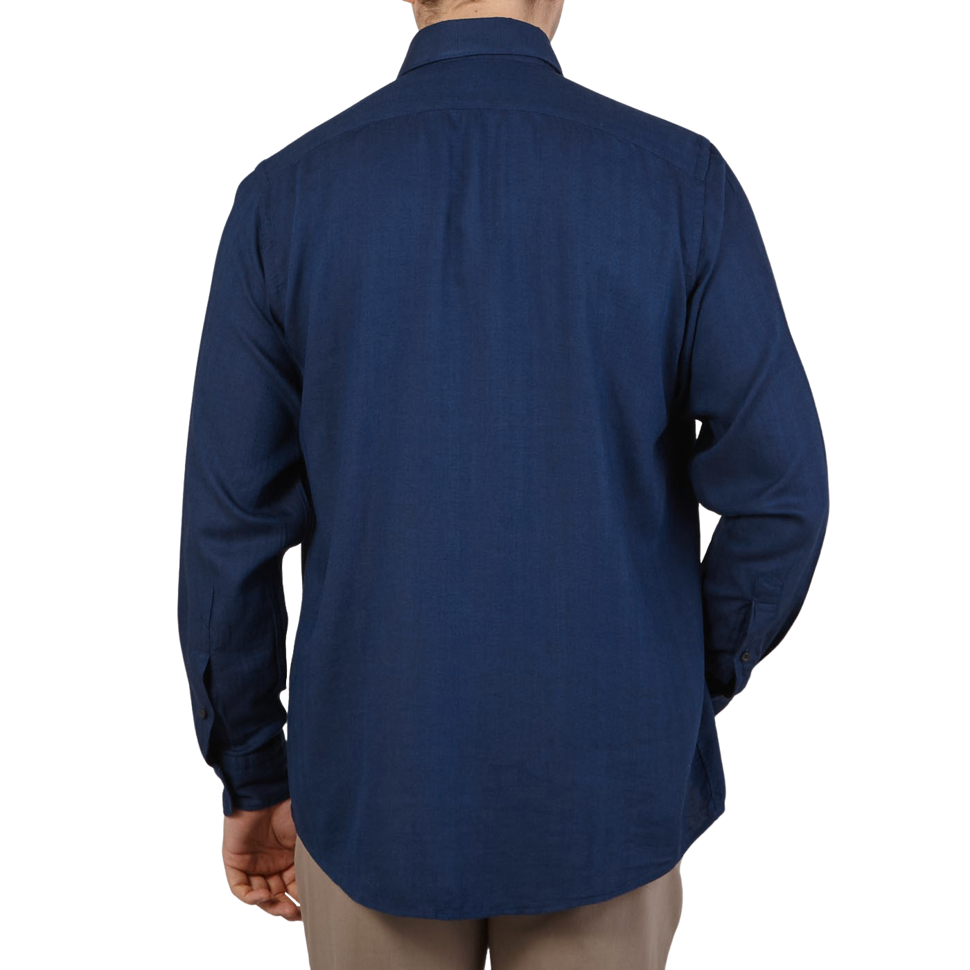 The back view of a man wearing a dark blue Eton Dark Blue Cotton Tencel Contemporary Shirt.