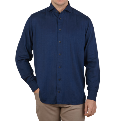 Eton Dark Blue Cotton Tencel Contemporary Shirt Front
