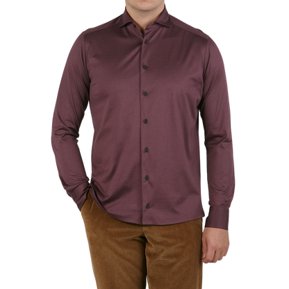 Eton Dark Red Knitted Cotton Pique Shirt Front