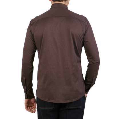 Eton Mahogany Brown Knitted Cotton Pique Shirt Back