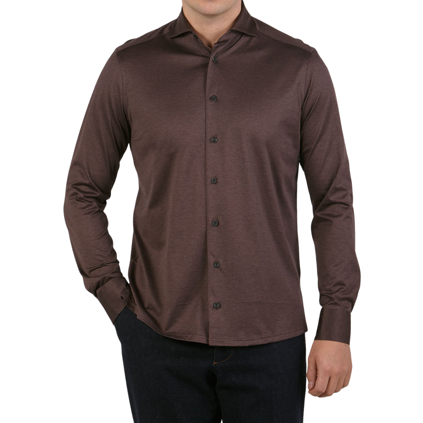 Eton Mahogany Brown Knitted Cotton Pique Shirt Front1