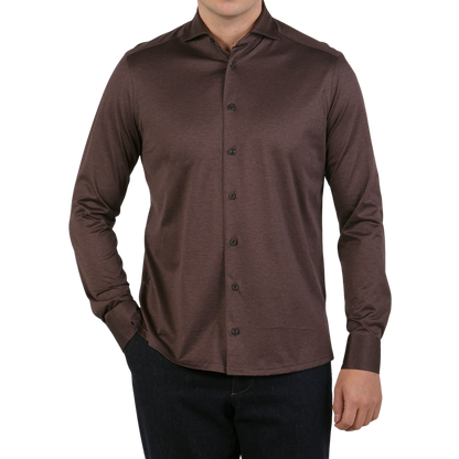 Eton Mahogany Brown Knitted Cotton Pique Shirt Front1