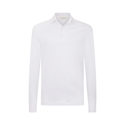 The Filippo de Laurentiis White Supima Cotton Jersey Long Sleeve Polo features a classic collar, partial button placket, and clean, minimalist design with no visible logos or patterns. Displayed neatly pressed against a plain white background. , available at Richard Gelding Mayfair