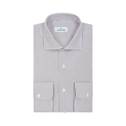 The Alessandro Gherardi Brown Stripe Cotton Single Cuff Shirt is neatly folded with thin brown stripes and a classic collar, laid flat on a white background to display the front and cuffs. , available at Richard Gelding Mayfair
