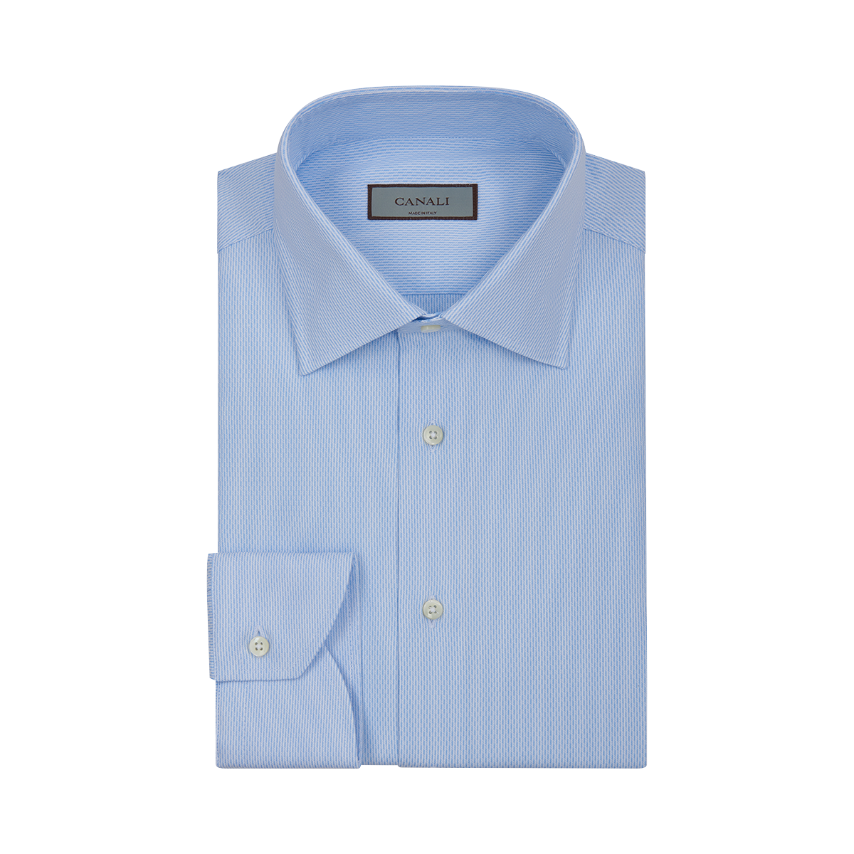 The Canali Sky Blue Cotton Textured Shirt features a classic collar, long sleeves with buttoned cuffs, white front buttons, and a subtle textured pattern. Displayed on a plain white background. , available at Richard Gelding Mayfair