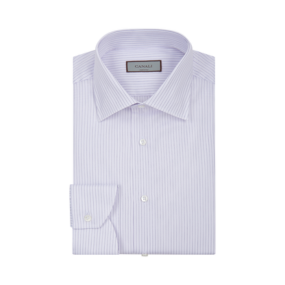 A neatly folded Canali Pink/Blue Stripe Cotton Shirt with long sleeves, classic collar, and single-button cuffs is displayed on a plain white background. The label inside the collar reads "Canali. , available at Richard Gelding Mayfair