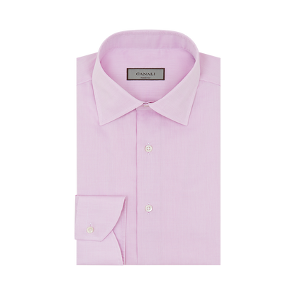 The Canali Pink Textured Cotton Regular Fit Shirt features long sleeves, a classic collar, and white buttons. The brand label is visible inside the collar, and the shirt is shown neatly folded on a plain white background. , available at Richard Gelding Mayfair