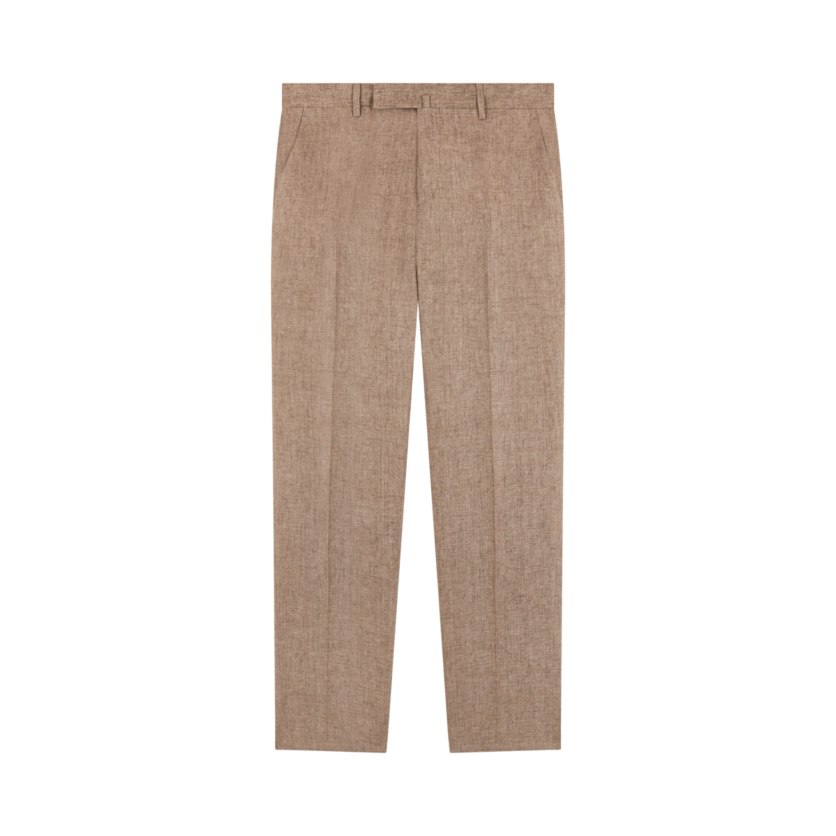 Flat-lay of Germano Light Brown Linen Formal Trousers with straight legs, waistband with belt loops, concealed front closure, and crease lines, made from textured fabric on a plain white background. , available at Richard Gelding Mayfair