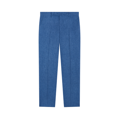 The Germano Blue Linen Formal Trousers feature a straight-leg cut, front creases, belt loops, and side pockets. Made from lightweight linen, the pants are neatly displayed against a plain white background. , available at Richard Gelding Mayfair