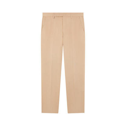 The Germano Beige Soft Touch Tencel Formal Trouser features a straight-leg fit, subtle front crease, belt loops, side pockets, and front zipper with hook closure. Neatly pressed and photographed against a plain white background. , available at Richard Gelding Mayfair