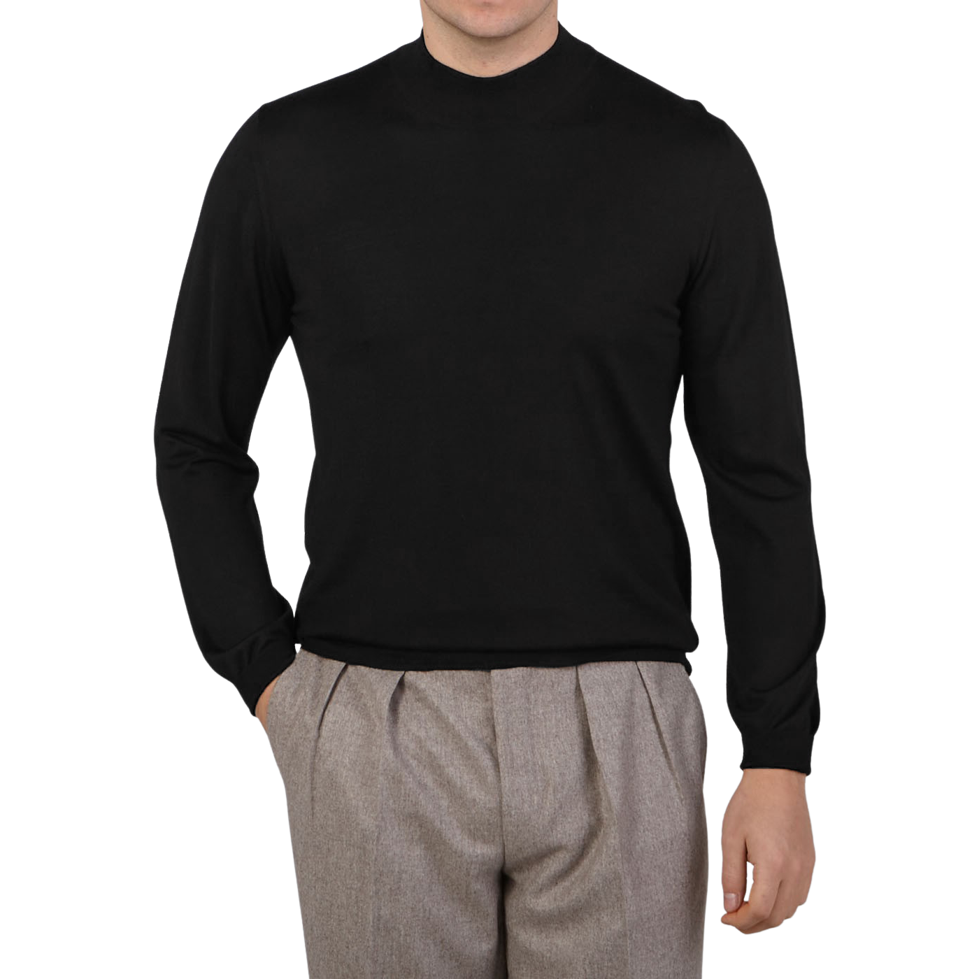 Black 140s Wool Mock Neck Sweater