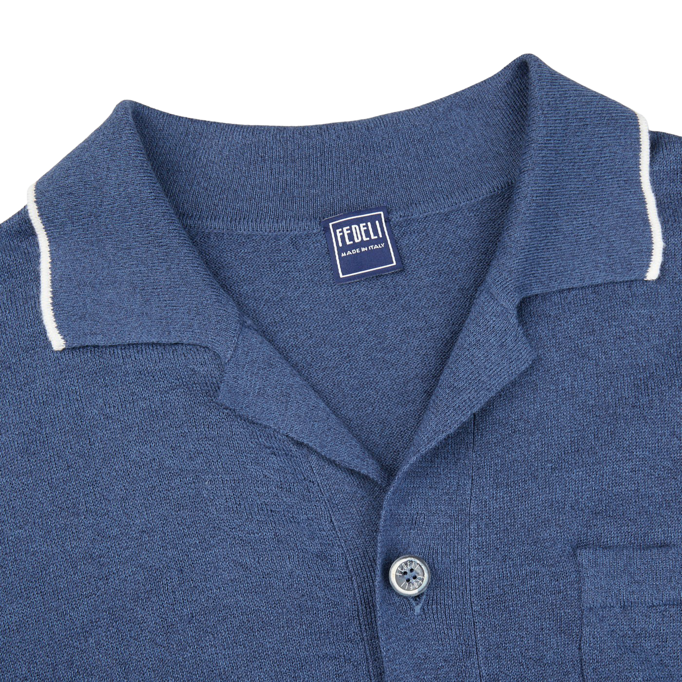 Fedeli Dark Blue Cotton Linen Bowling Shirt Collar