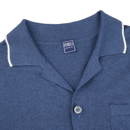 Fedeli Dark Blue Cotton Linen Bowling Shirt Collar
