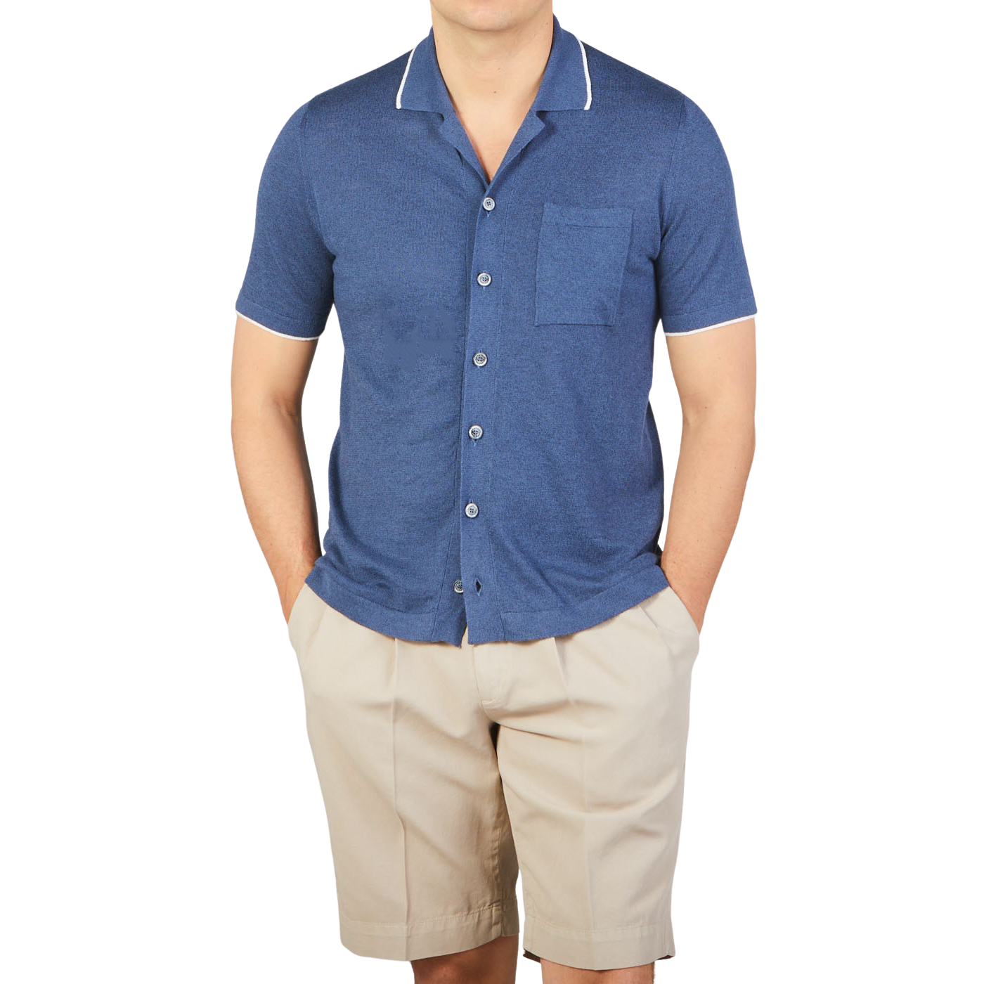 Fedeli Dark Blue Cotton Linen Bowling Shirt Front