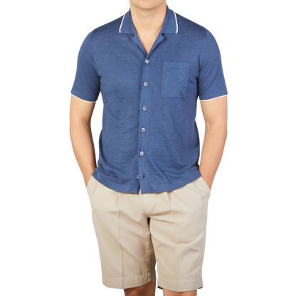 Fedeli Dark Blue Cotton Linen Bowling Shirt Front