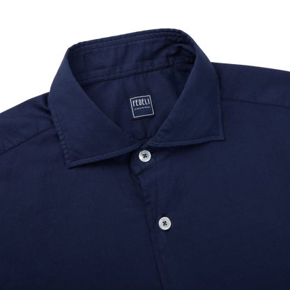 Fedeli Dark Blue Cotton Stretch Beach Shirt Collar