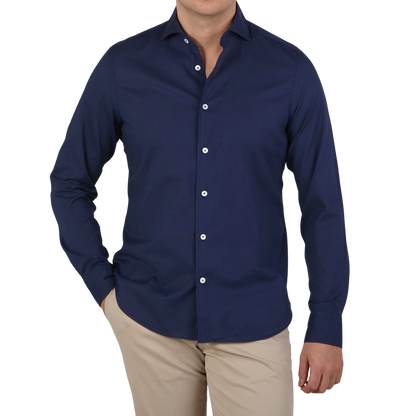 Fedeli Dark Blue Cotton Stretch Beach Shirt Front