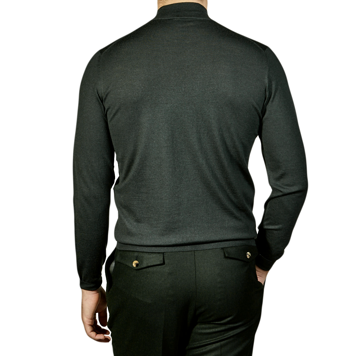 The back view of a man wearing a Fedeli Green 140s Wool Mockneck Sweater.