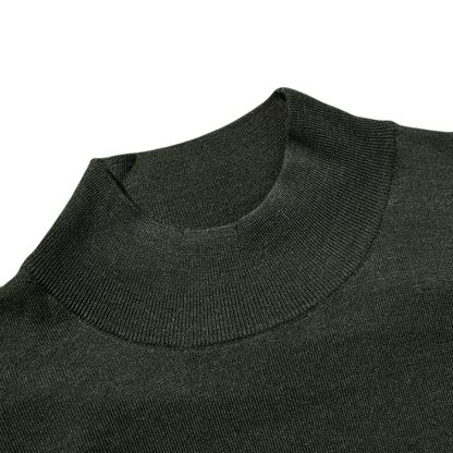 A close up of a Fedeli Green 140s Wool Mockneck Sweater.
