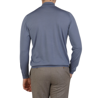 Fedeli Light Blue 140s Wool Mockneck Sweater Back