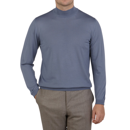 Fedeli Light Blue 140s Wool Mockneck Sweater Front