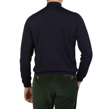 Navy 140s Wool Mock Neck Sweater