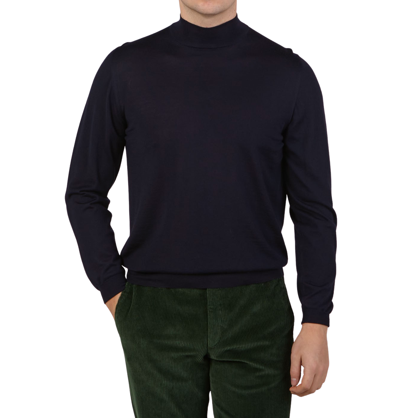 Navy 140s Wool Mock Neck Sweater