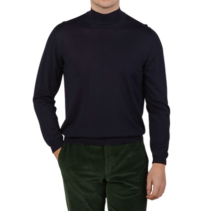 Navy 140s Wool Mock Neck Sweater