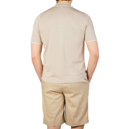 Fedeli Sand Beige Cotton Linen Bowling Shirt Back
