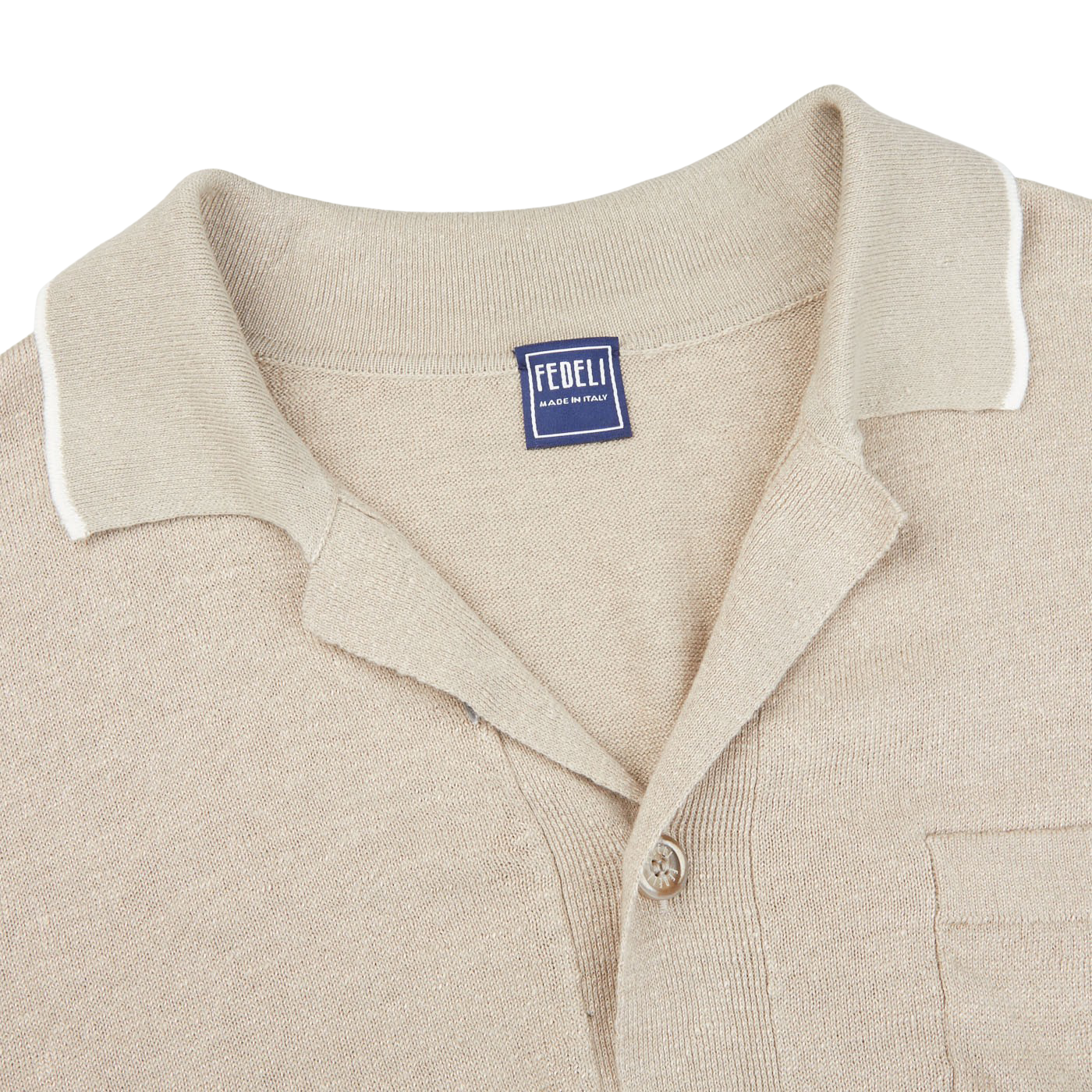 Fedeli Sand Beige Cotton Linen Bowling Shirt Collar