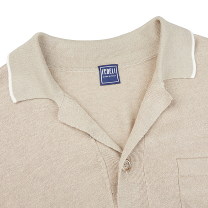 Fedeli Sand Beige Cotton Linen Bowling Shirt Collar