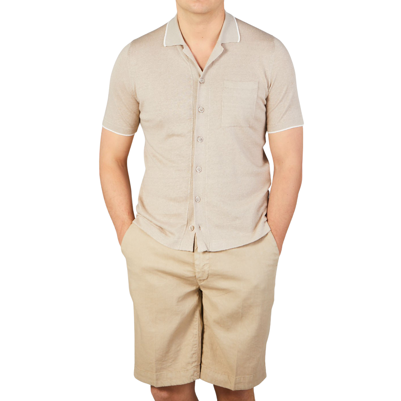 Fedeli Sand Beige Cotton Linen Bowling Shirt Front