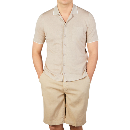 Fedeli Sand Beige Cotton Linen Bowling Shirt Front