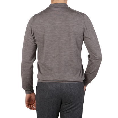 Fedeli Taupe Grey Super 140s Wool Polo Shirt Back