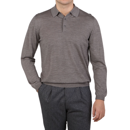 Fedeli Taupe Grey Super 140s Wool Polo Shirt Front