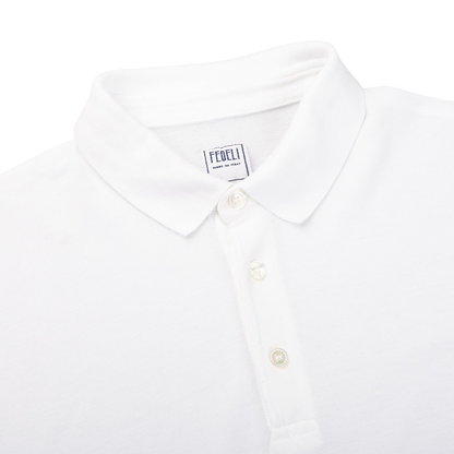 Fedeli Washed White Light Cotton Pique Polo Shirt Collar
