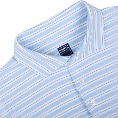Light blue and white striped summer polo shirt with a focus on its collar and label - Blue Multi Striped Cotton Jersey Polo Shirt by Fedeli.