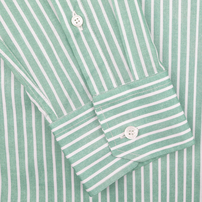 Close-up of the Green White Striped Cotton Beach Shirt by Fedeli, made from cotton stretch fabric, featuring a green and white vertical stripe design and buttoned sleeve cuffs.