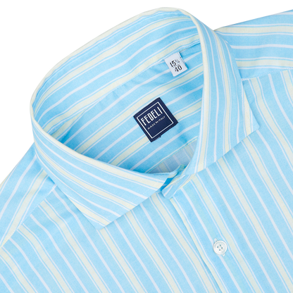 Sky Blue Yellow Striped Fedeli beach shirt with collar detail and size label visible, tailored in a slim fit from cotton stretch fabric.