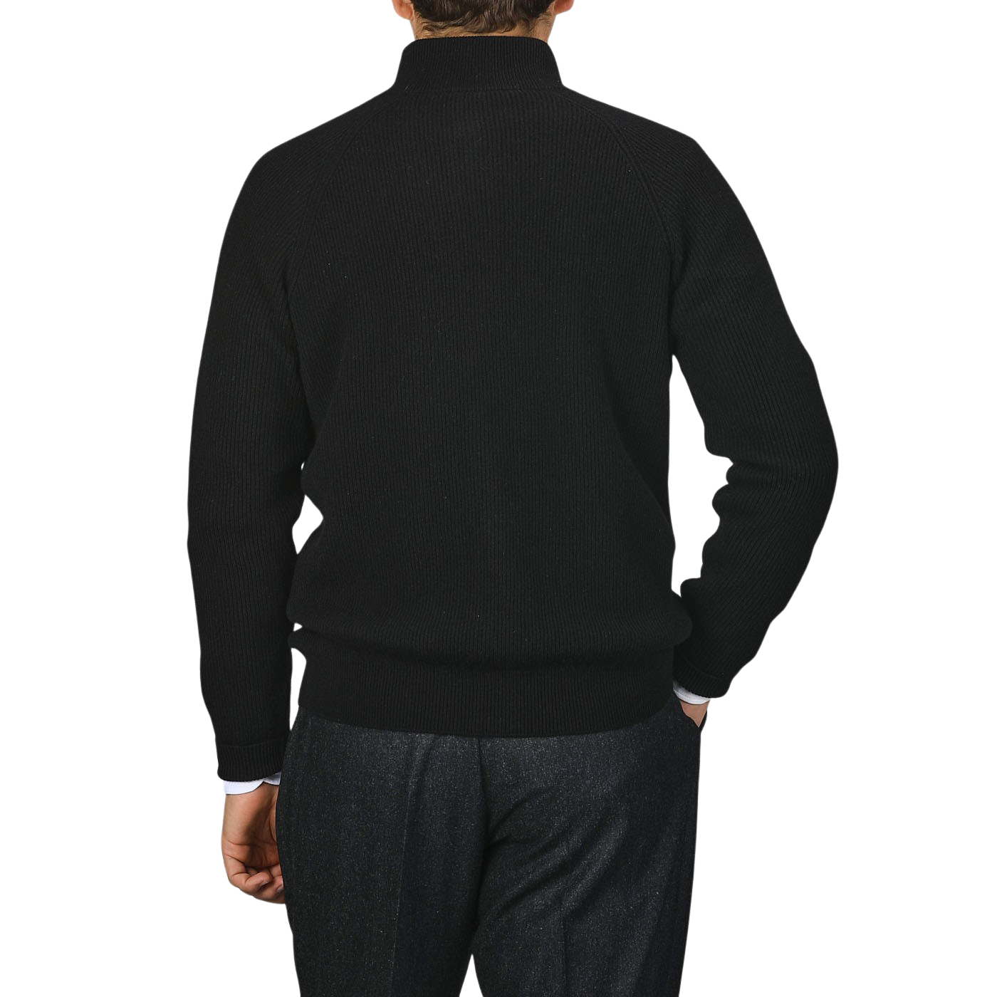 A person in a sleek black cashmere rib knit cardigan by Filippo de Laurentiis and dark pants, viewed from the back, showcases a regular fit.