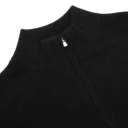 Close-up of the Filippo de Laurentiis Black Cashmere Rib Knit Cardigan on a white background, highlighting its luxurious pure cashmere texture with a raised collar and zip-up front.