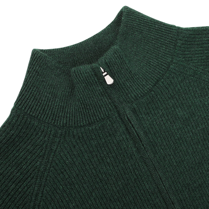 Close-up of a Filippo de Laurentiis Bottle Green Cashmere Rib Knit Cardigan featuring a high collar and two-way zip closure, set against a plain white background.