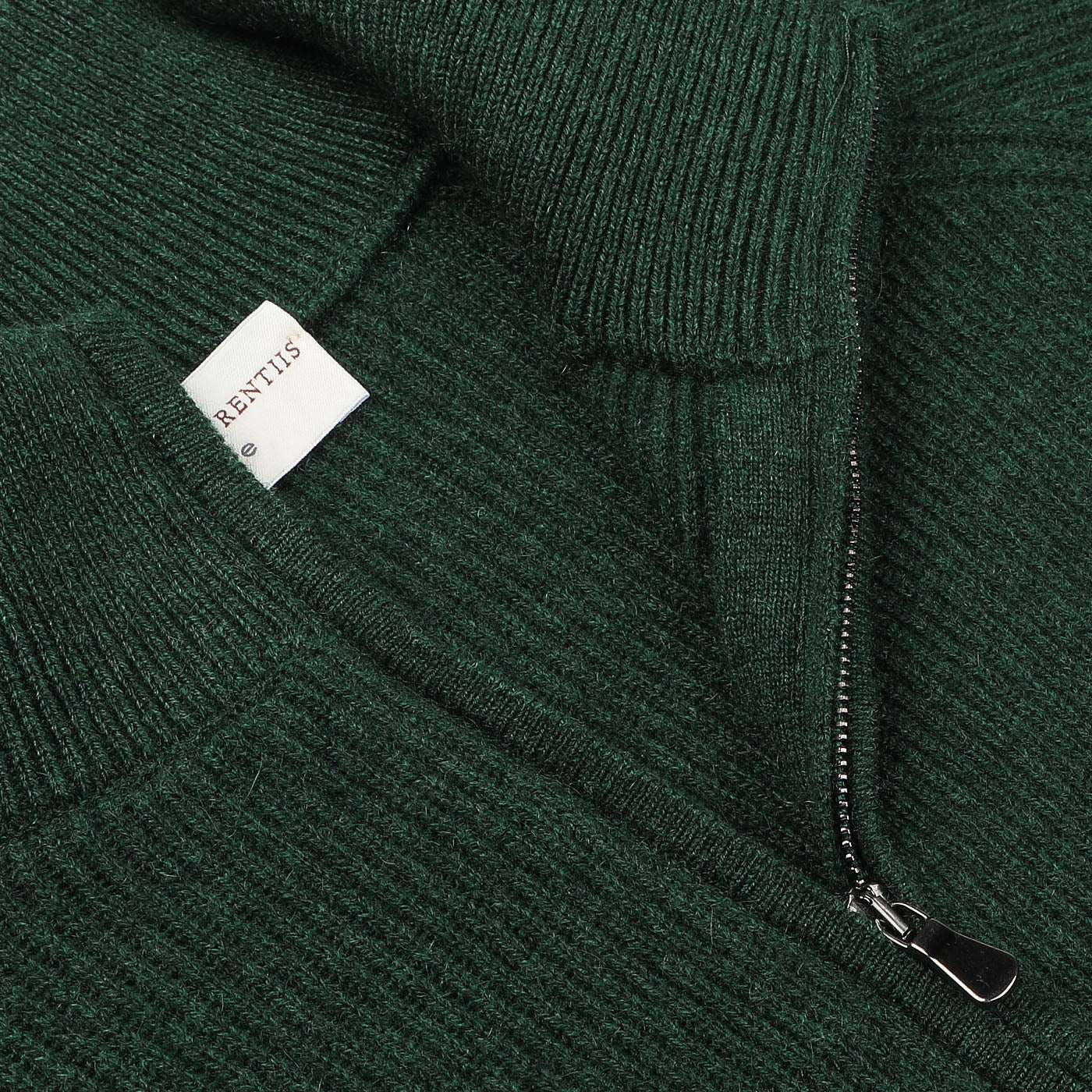 Close-up of the Bottle Green Cashmere Rib Knit Cardigan by Filippo de Laurentiis, showcasing its two-way zip closure and brand label.