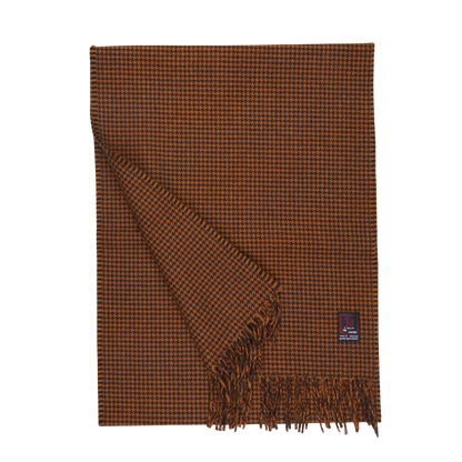 A Chestnut Houndstooth Merino Wool Cashmere Scarf by Fox Brothers on a white background.
