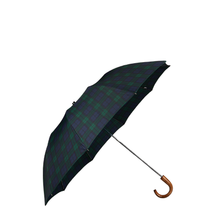 A Black Watch Telescopic Maple Handle Umbrella by Fox Umbrellas with a green and black plaid pattern and a wooden handle.